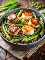 Canvas Print - Elegant meal with scallops and asparagus.