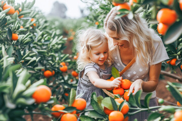 Wall Mural - Mother and daughter picking tangerines