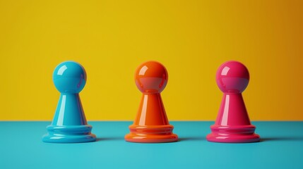 Wall Mural - Three colorful chess pieces are standing on a blue background