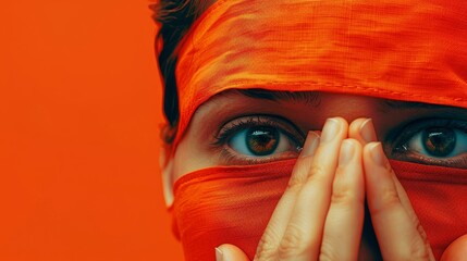 Wall Mural - A woman with a red scarf covering her face