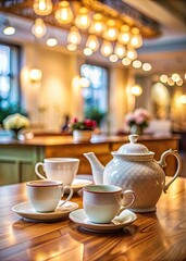 Canvas Print - Tea set on a wooden table in a cozy cafe.