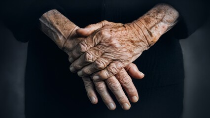 Canvas Print - An old woman's hands are clasped together in a prayer position, AI