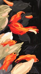 Abstract painting of orange fish swimming in dark water