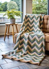 Poster - Cozy chair with a chevron blanket in a sunlit room.