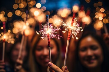 Canvas Print - A close-up of hands holding sparklers at night, celebrating Independence Day, with sparks illuminating .