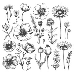 Wall Mural - collection set hand drawn doodle cute flower with engraving style black color only