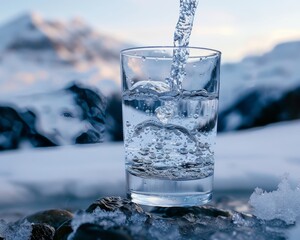 Wall Mural - Refreshing crystal mineral water pouring into glass with snowy mountain background