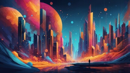 Wall Mural - Funky synth wave night cityscape in pop art style