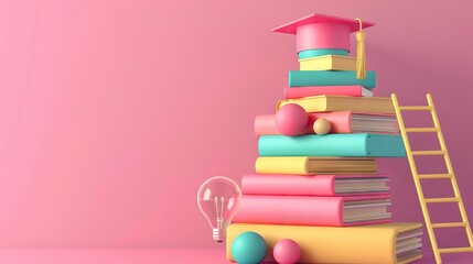 Wall Mural - Graduation cap on books, back to school concept 3D rendering. AI generated illustration