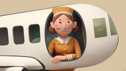 Wall Mural - A cartoon character of a flight attendant in an airplane, AI