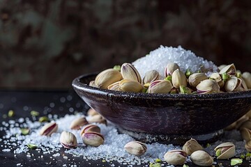 Poster - Pistachios with salt in a bowl on a dark background