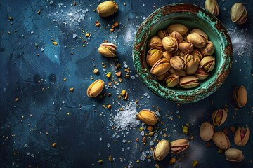 Wall Mural - Pistachios nuts in a bowl with salt on a blue background with copy space