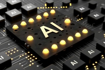 Sticker - AI microchip with yellow lights, artificial intelligence, advanced tech, digital electronics, high tech components, futuristic AI design