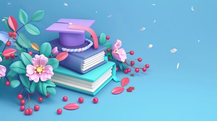 Poster - A mortarboard and graduation scroll, tied with red ribbon, on a stack of books. AI generated illustration