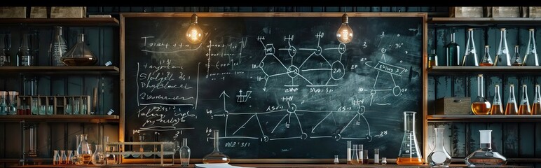 Science blackboard with math. Real physical equations of relativity theory, string theory and quantum mechanics. AI generated illustration