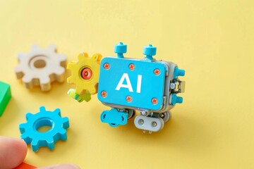 Sticker - AI gears on yellow background, artificial intelligence, advanced tech, digital electronics, high tech components, futuristic AI design