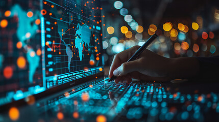 Digital technology, software development concept. Coding programmer, software engineer working on laptop with circuit board and javascript on virtual screen