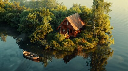 Wall Mural - A-shaped wooden house sits amidst green trees and bushes on a tiny island in the lake. A boat rests by the shore, reflecting in the still waters