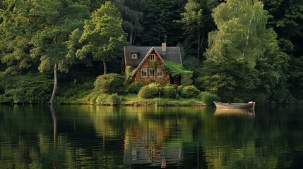 Wall Mural - A-shaped wooden house sits amidst green trees and bushes on a tiny island in the lake. A boat rests by the shore, reflecting in the still waters