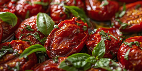 Wall Mural - traditional Italian sun-dried tomatoes in oil with basil