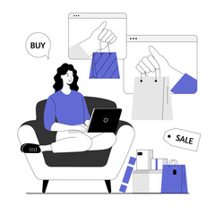 Wall Mural - Shopping online. Woman making purchases, ordering delivery and paying with credit cards. Vector illustration with line people for web design.