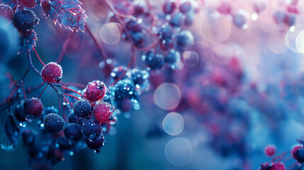 A close up of a branch with blue and red berries