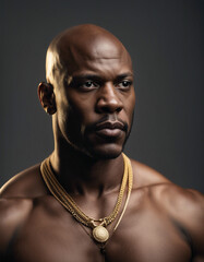 Wall Mural - portrait of muscular and bald black man with gold necklace, isolated white background
