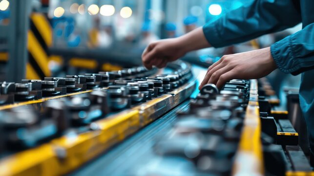 Closeup of an assembly line worker s hand placing a component on a conveyor belt, with space for text