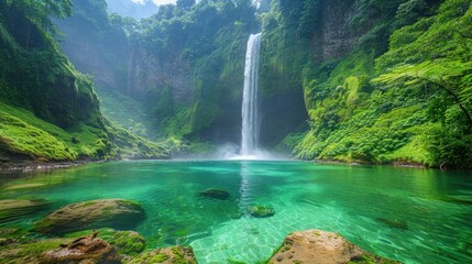 Wall Mural - A close-up photo of a cascading waterfall surrounded by vibrant green foliage and emerald-colored pools on Lombok Island, Indonesia.