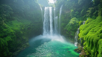 Wall Mural - A close-up photo of a cascading waterfall surrounded by vibrant green foliage and emerald-colored pools on Lombok Island, Indonesia.