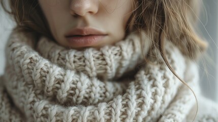 A close up macro detail of a woman wearing wool sweater, neutral colors, quiet luxury.