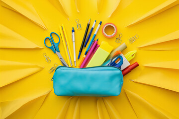 Wall Mural - Pencil case with school supplies on yellow background. Back to school concept. Flat lay, top view, overhead.