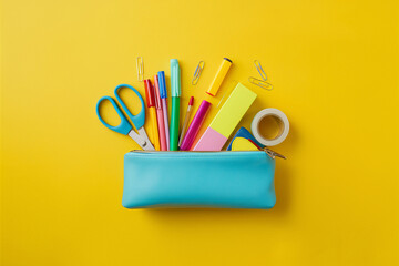 Sticker - Pencil case with school supplies on yellow background. Back to school concept. Flat lay, top view, overhead.