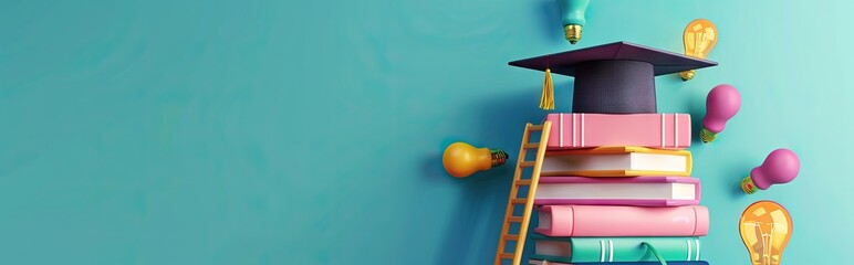 Wall Mural - Graduation cap on books, back to school concept 3D rendering. AI generated illustration