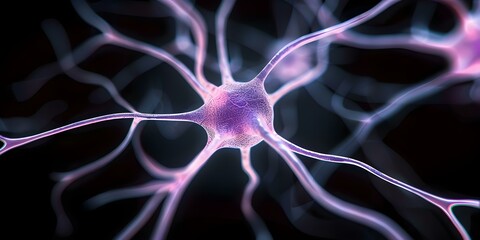 Wall Mural - Detailed Closeup of a Single Neuron Against Black Background Revealing Internal Structures in Biology. Concept Biology, Neuron, Closeup, Internal Structures, Black Background