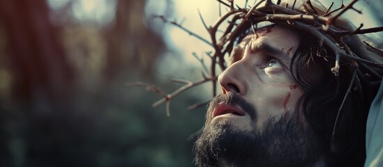 Canvas Print - Jesus Christ in crown of thorns, photo close up. Jesus's face hurt from the crown of thorns with blood. Christ suffering on cross for our sins. Easter concept