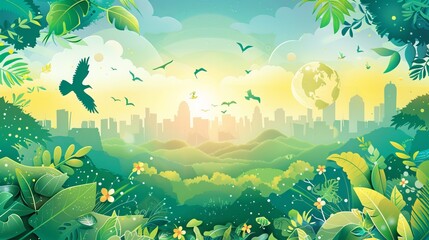 World Environment Day banner design promotes sustainable development, eco-friendly practices, and green businesses, using vector illustrations.