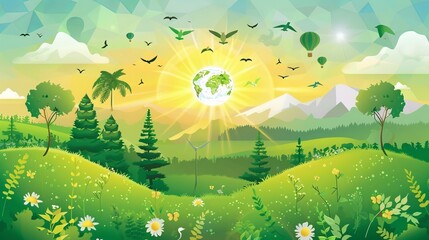 World Environment Day banner design promotes sustainable development, eco-friendly practices, and green businesses, using vector illustrations.