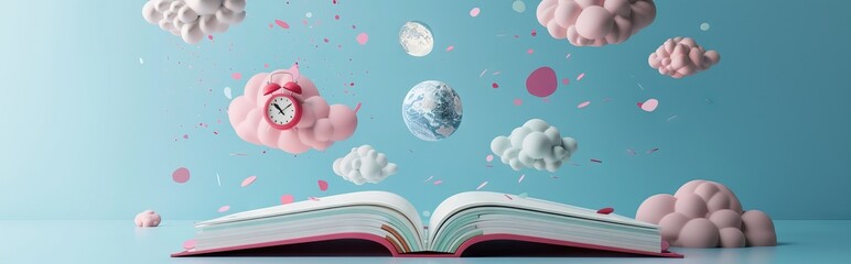 Open book with clouds abstract illustration. AI generated illustration