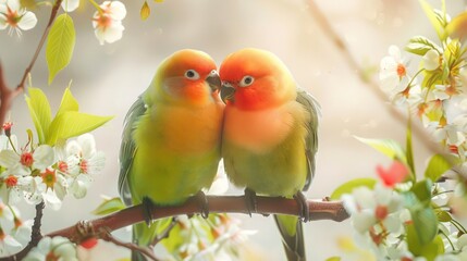 A pair of lovebirds nestled together on a blooming branch during spring, surrounded by blossoms and fresh leaves