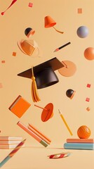 Sticker - concept of obtaining higher education. stack of books and graduate cap on a blue background. 3d render. illustration. AI generated illustration