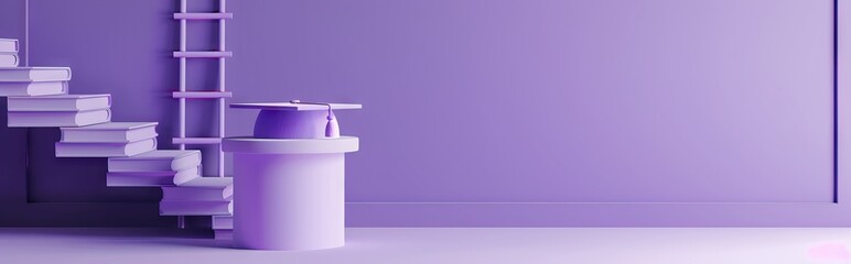 Sticker - 3D rendering of a podium with a graduation hat, ladder and books on a purple background. AI generated illustration
