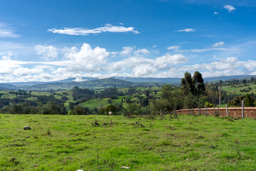 Wall Mural - Country landscapes with farms with brick fence between trees and mountains.