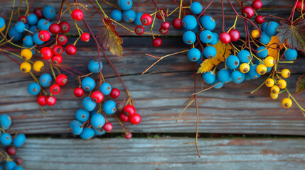 Wall Mural - A bunch of blue and red berries are on a wooden surface