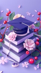 Canvas Print - A mortarboard and graduation scroll, tied with red ribbon, on a stack of books. AI generated illustration