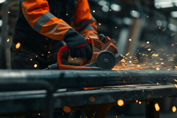 Poster - Industrial Worker Cutting Metal Pipe With Grinder in Factory