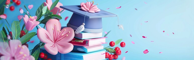 A mortarboard and graduation scroll, tied with red ribbon, on a stack of books. AI generated illustration