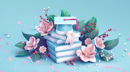 A mortarboard and graduation scroll, tied with red ribbon, on a stack of books. AI generated illustration