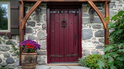 Wall Mural - deep maroon door with heavy wooden beams and traditional iron hardware, set in a cozy cottage-style stone facade