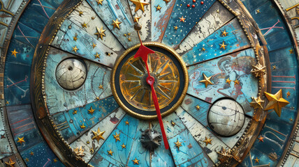 Wall Mural - astrological signs on ancient clock, medieval zodiac wheel with constellations, planets and stars. c
